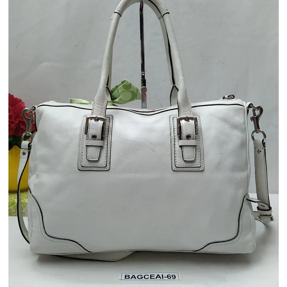 Coach Hampton White Leather Double Handle Zipper Closure Satchel Shoulder Bag